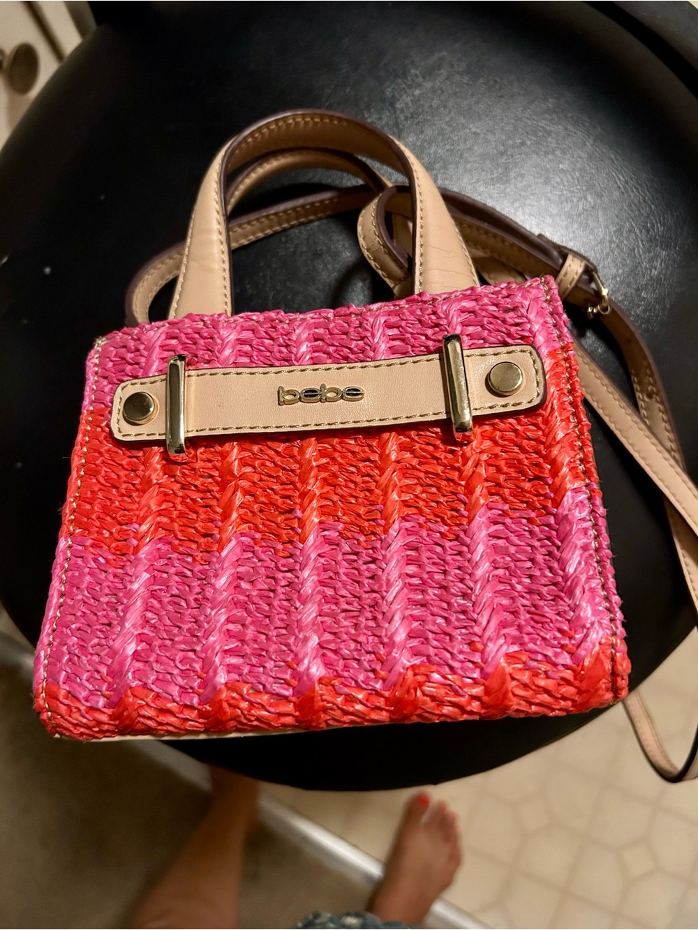 bebe Pink and Red Woven Mini Crossbody with Neutral Trim